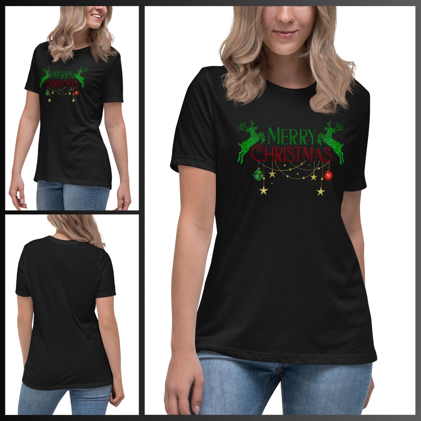 a-blonde-woman-wearing-a-black-t-shirt-with-a-holiday-glitter-green-reindeer-motif