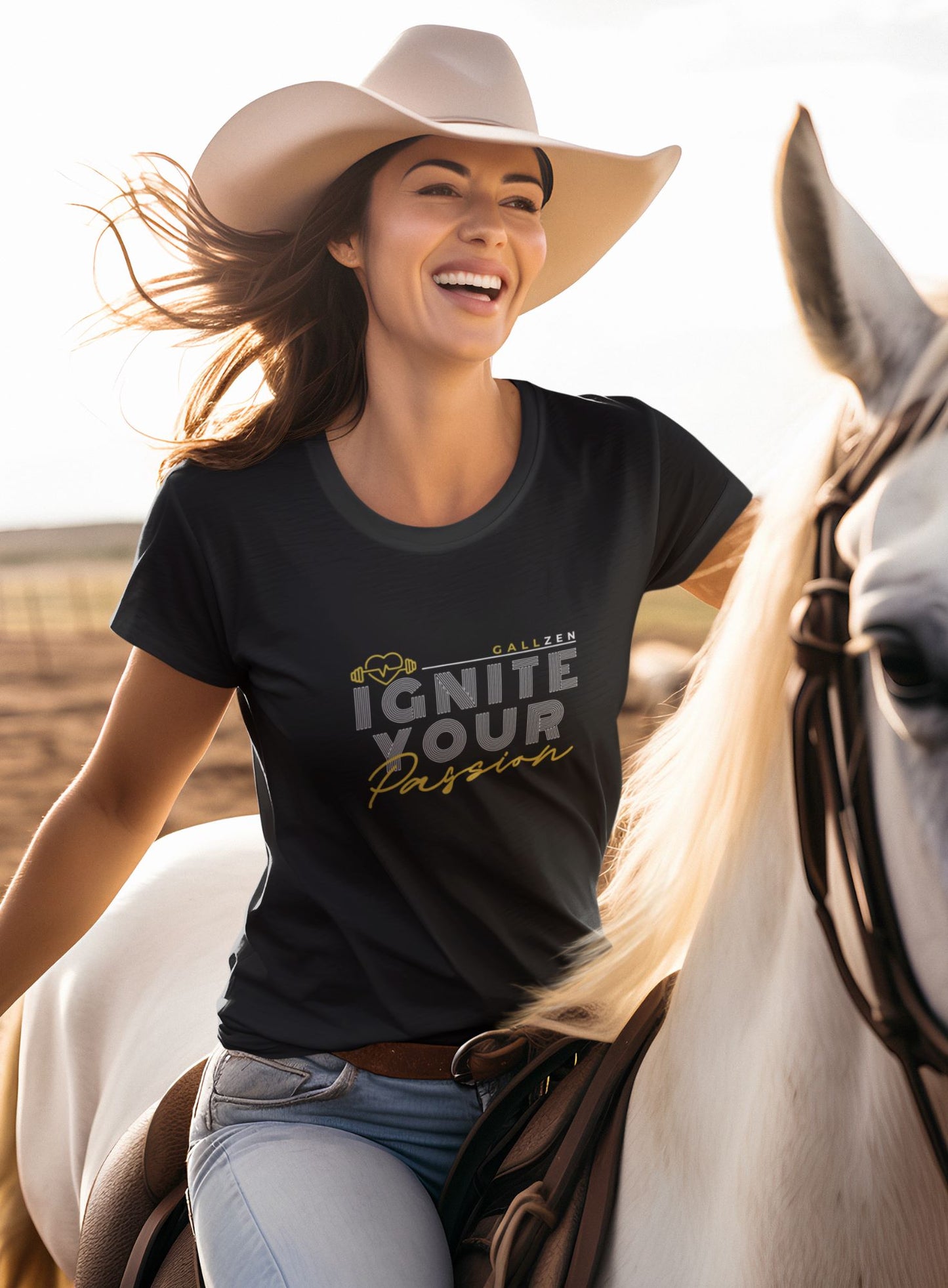 a-western-cheerful-woman-with-a-black-t-shirt-riding-a-white-horse-wearing-a-cowboy-hat