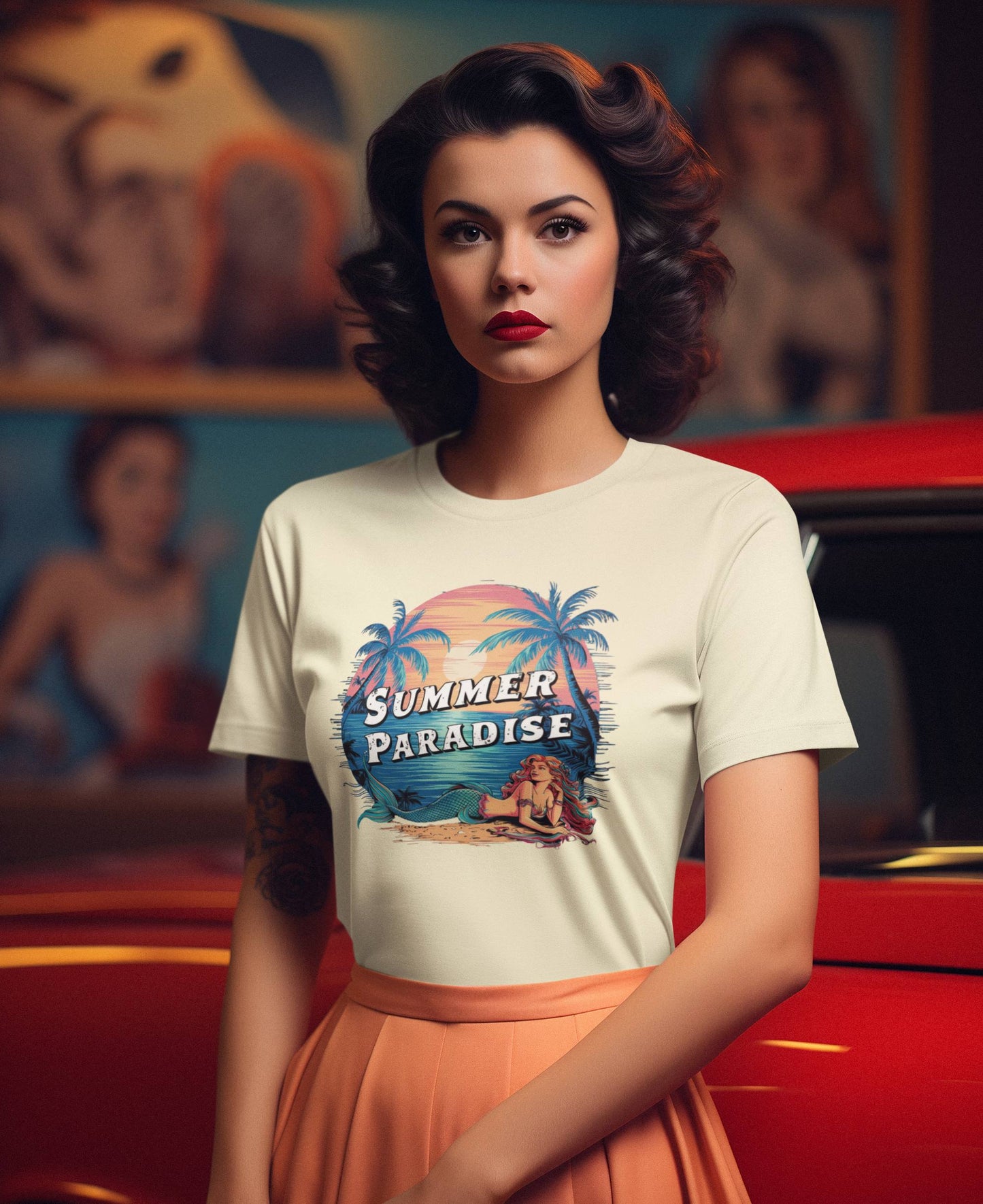 beautiful-30-year-old-woman-in-a-retro-style-dressed-casually-in-a-t-shirt-and-dress-posing-in-a-garage-with-a-red-car-in-the-background