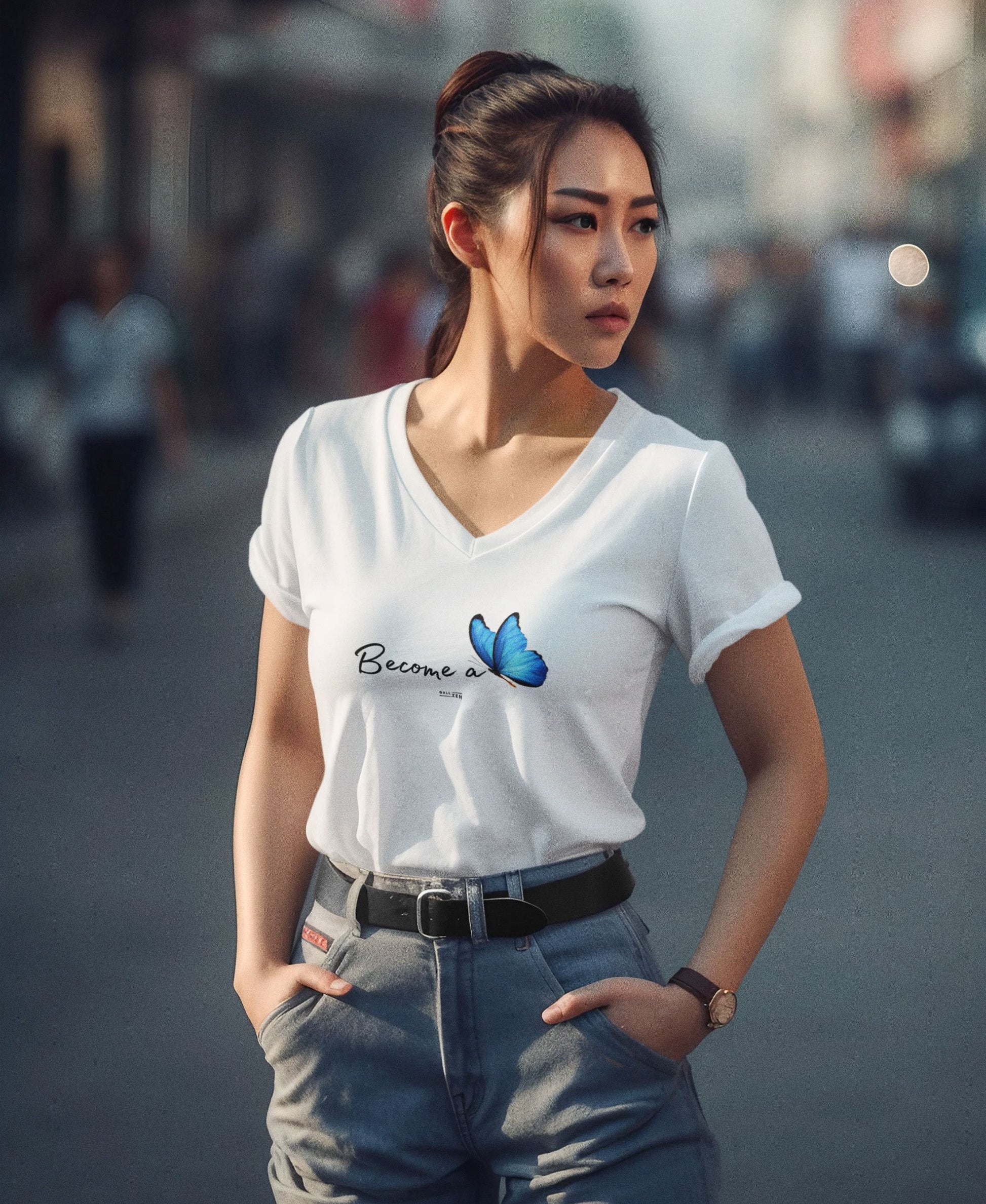 beautiful-woman-wearing-a-white-t-shirt-printed-with-a-blue-butterfly-and-a-positive-affirmation-become-a-butterfly