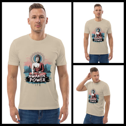 Collage of a man wearing a t-shirt with a Buddha graphic and 'Awaken Power' text.