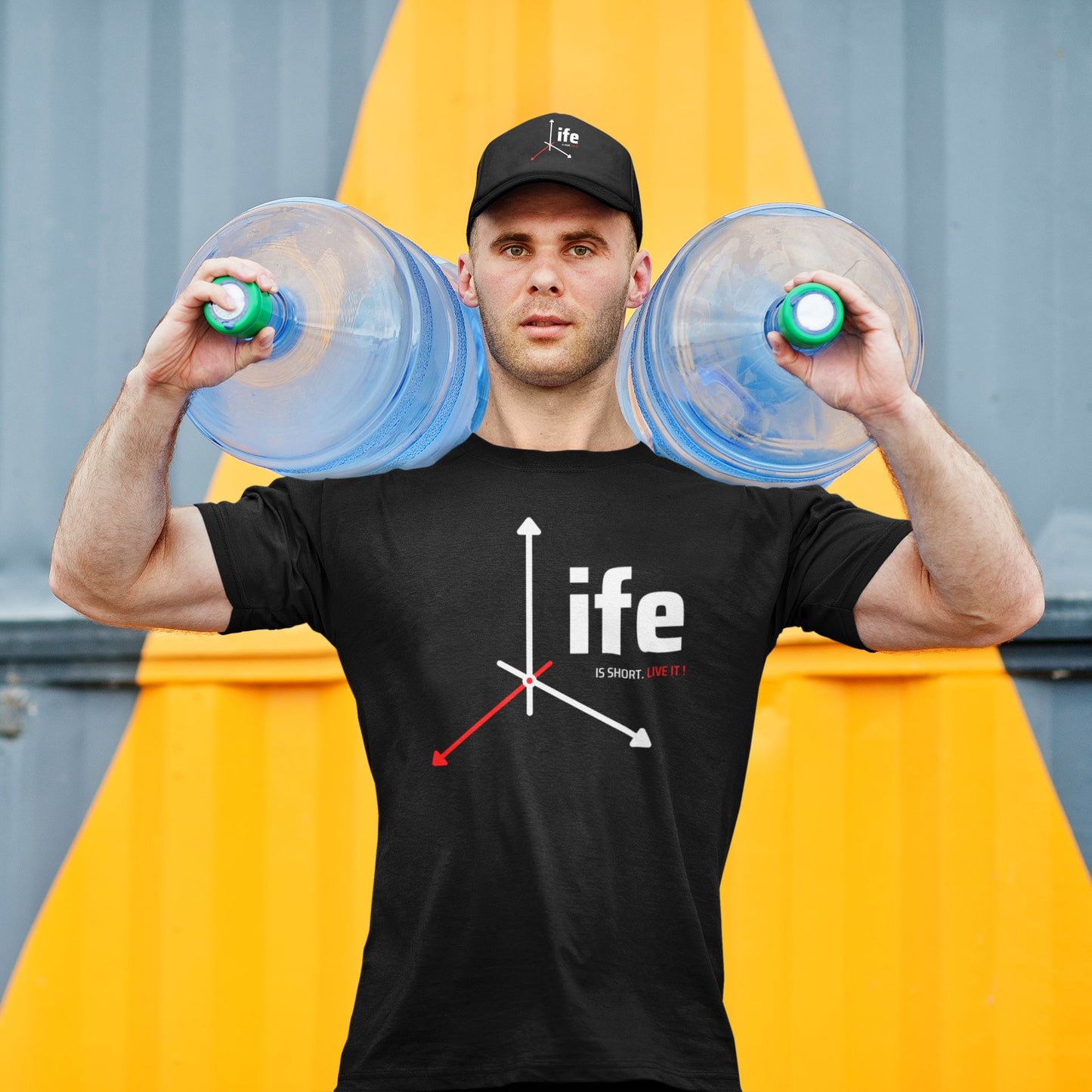 black-inspirational-t-shirt-and-dad-hat-mockup-of-a-delivery-man-carrying-two-bottles-of-water