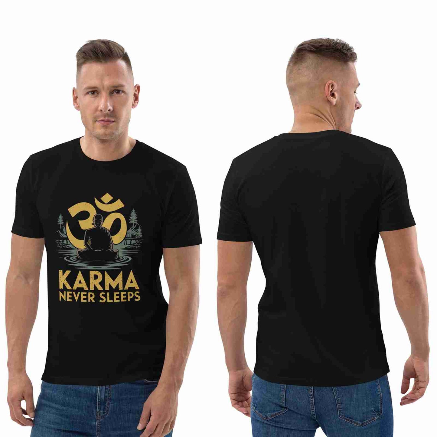 Young Man modeling front and back views of a black enlightenment t-shirt with a meditating figure and gold Om graphic