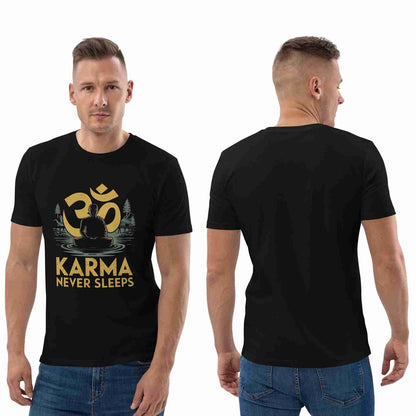 Young Man modeling front and back views of a black enlightenment t-shirt with a meditating figure and gold Om graphic