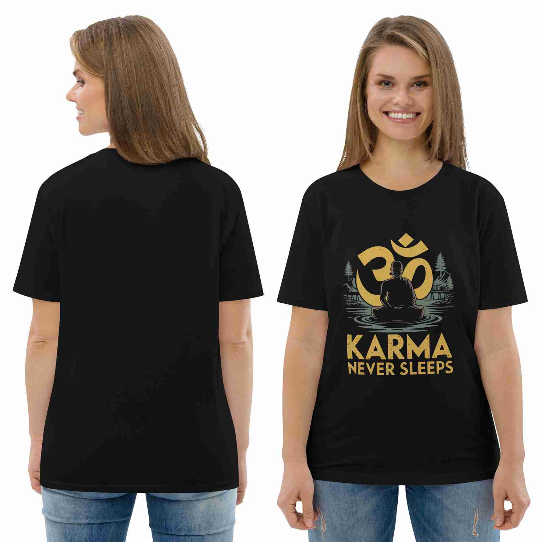 Smiling woman modeling the front and back of a black enlightenment t-shirt featuring a gold Om design and meditating figure.