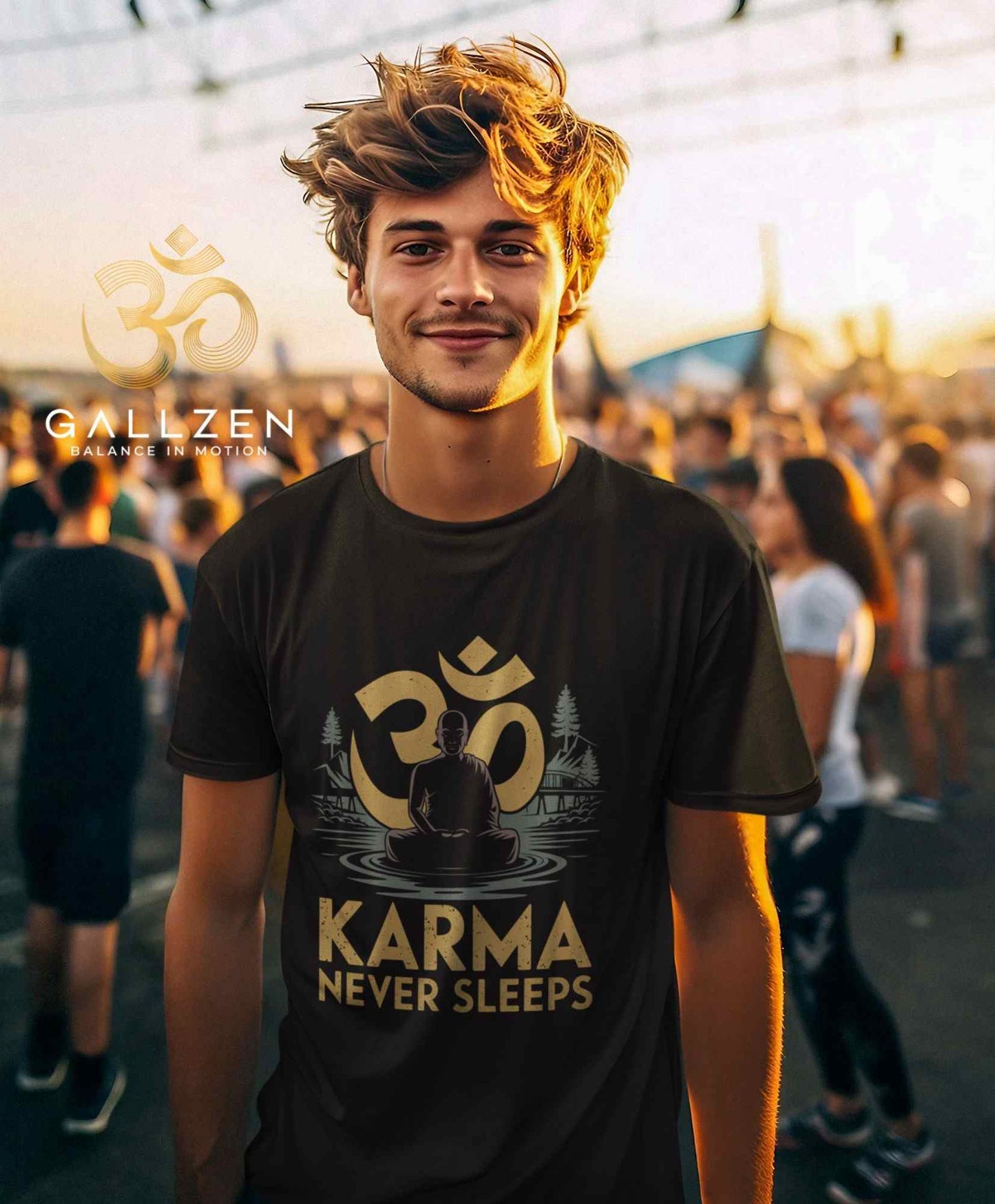 Young man smiling at a sunset outdoor event wears a black t-shirt with gold spiritual print