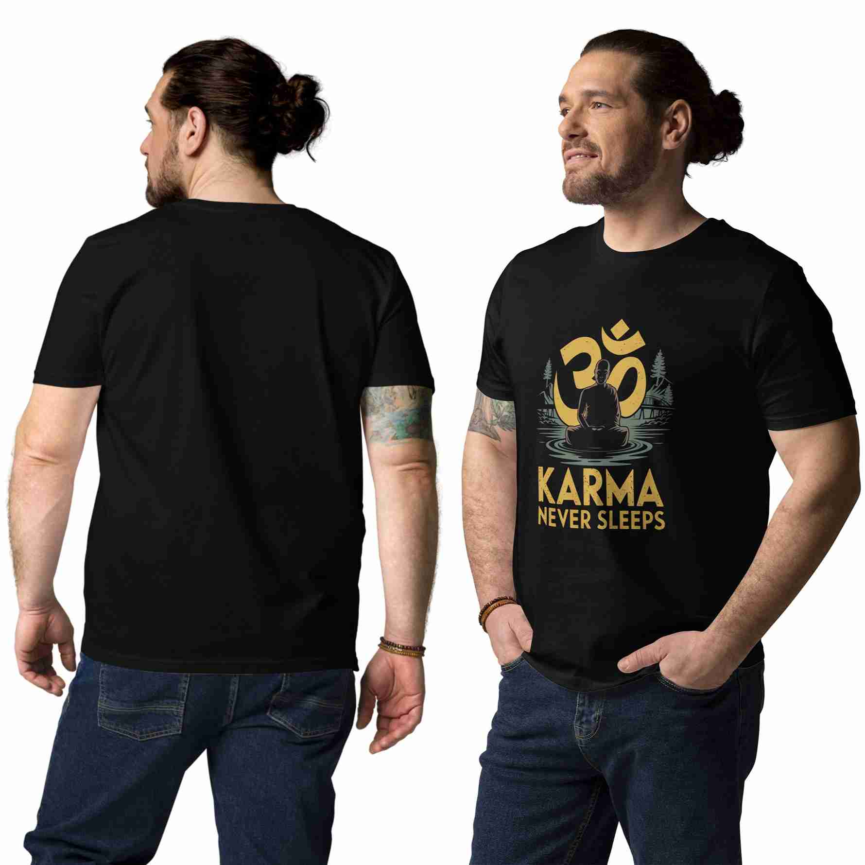 A man modeling a black graphic T-shirt from the back and side, with a second view of the front showing a gold Om symbol, a seated figure, and the text 'KARMA NEVER SLEEPS'.
