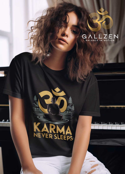 A woman wearing a black graphic t-shirt with a gold Om symbol and the text 'KARMA NEVER SLEEPS' sits in front of a piano. 