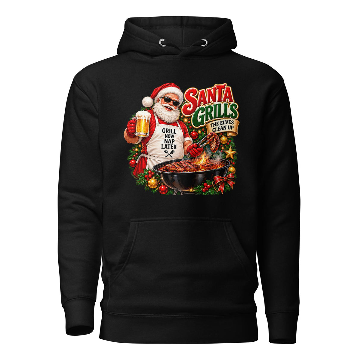 Front view of a black pullover hoodie with a pouch pocket and Santa barbecue graphic reading “Santa Grills, the Elves Clean Up.”