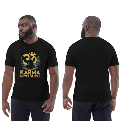 Bearded man modeling a black spiritual t-shirt featuring a meditating figure, front and back views against a white studio background