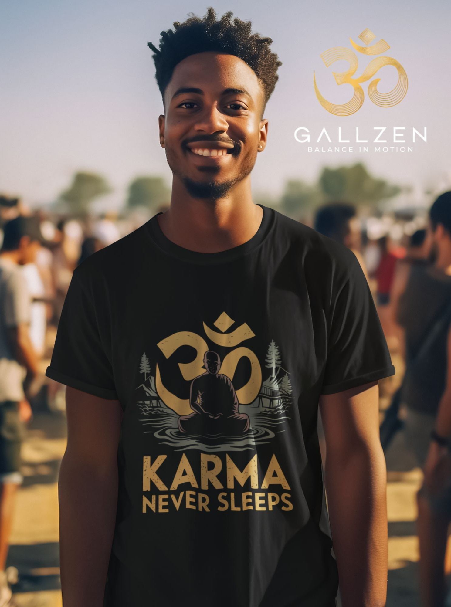 Smiling man at festival wears black tee with gold meditating figure, Om symbol