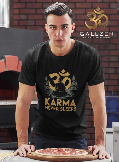 A man wearing a black T-shirt with a gold Om symbol and the text 'KARMA NEVER SLEEPS' stands in a pizza kitchen with a pizza on a wooden board in front of him. 