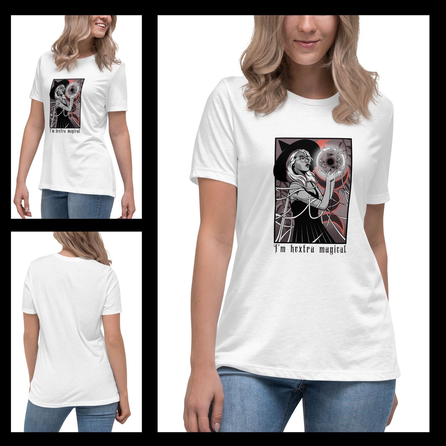 blonde-woman-in-a-white-graphic-halloween-t-shirt-with-a-magical-witch-design