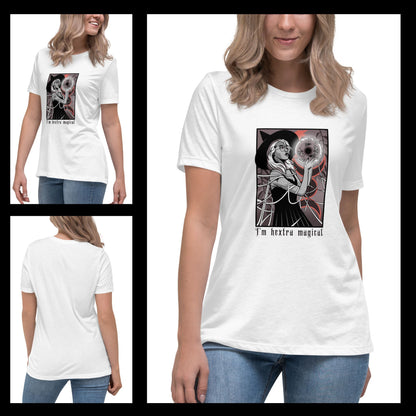 blonde-woman-in-a-white-graphic-halloween-t-shirt-with-a-magical-witch-design