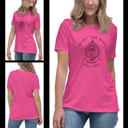 blonde-woman-posing-in-a-berry-t-shirt-color-with-a-yoga-inspired-design-featuring-a-meditating-figure-chakras-and-text-saying-Quiet-the-mind-and-the-soul-will-speak