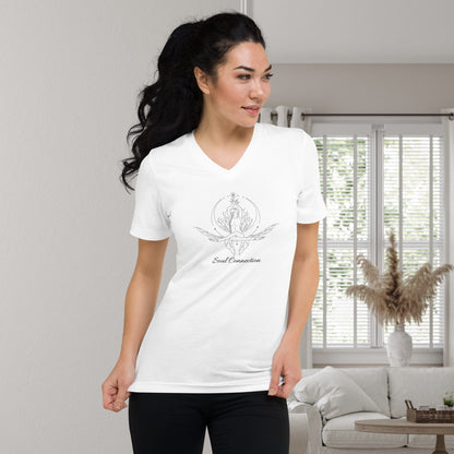 brunette-woman-passionate-about-yoga-posing-in-a-v-neck-T-shirt-printed-with-a-spiritual-affirmation-design