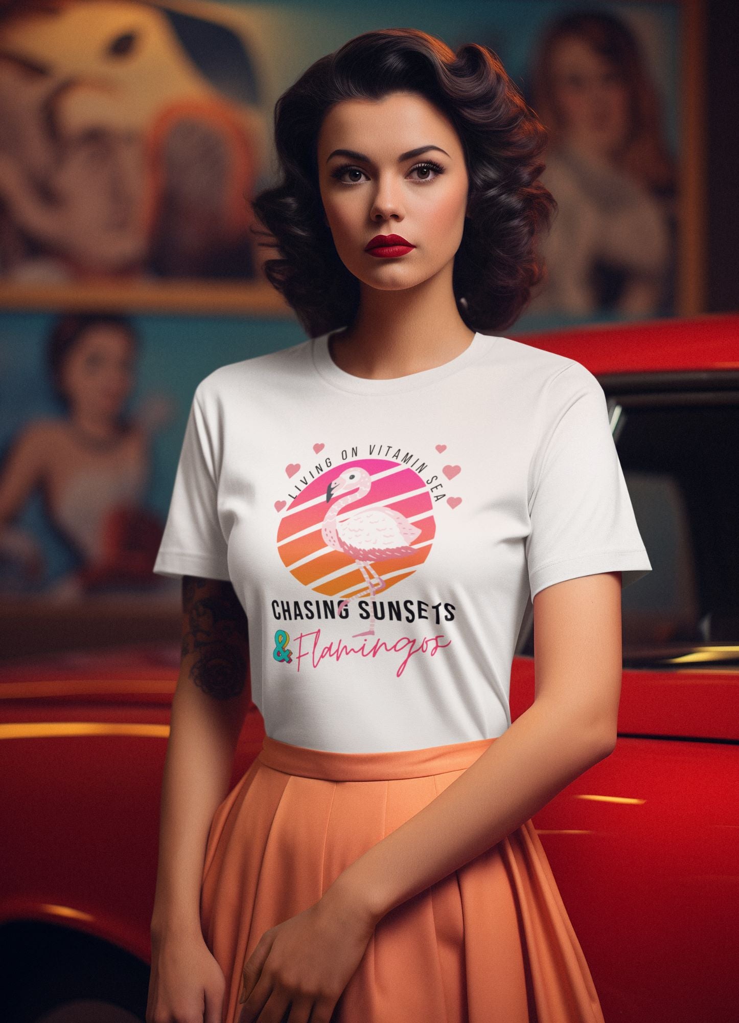 brunette-woman-wearing-a-retro-outfit-while-posing-next-to-a-red-car