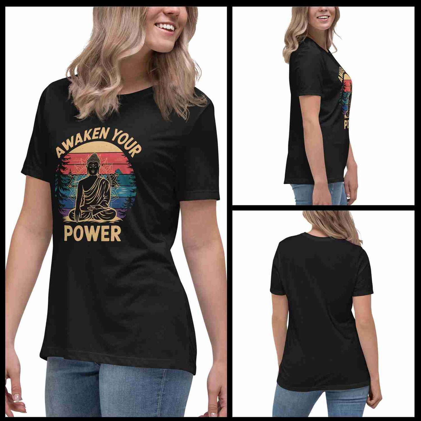Black t-shirt with 'Awaken Your Power' design featuring a Buddha, worn by a person.
