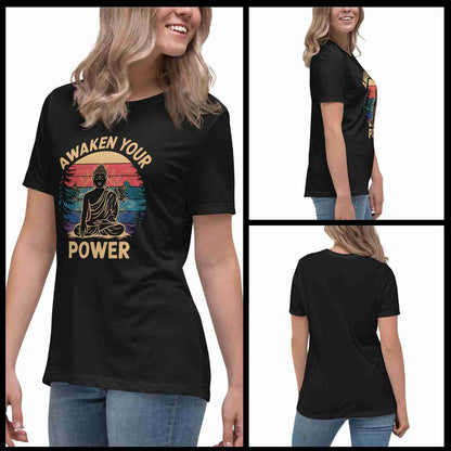 Black t-shirt with 'Awaken Your Power' design featuring a Buddha, worn by a person.