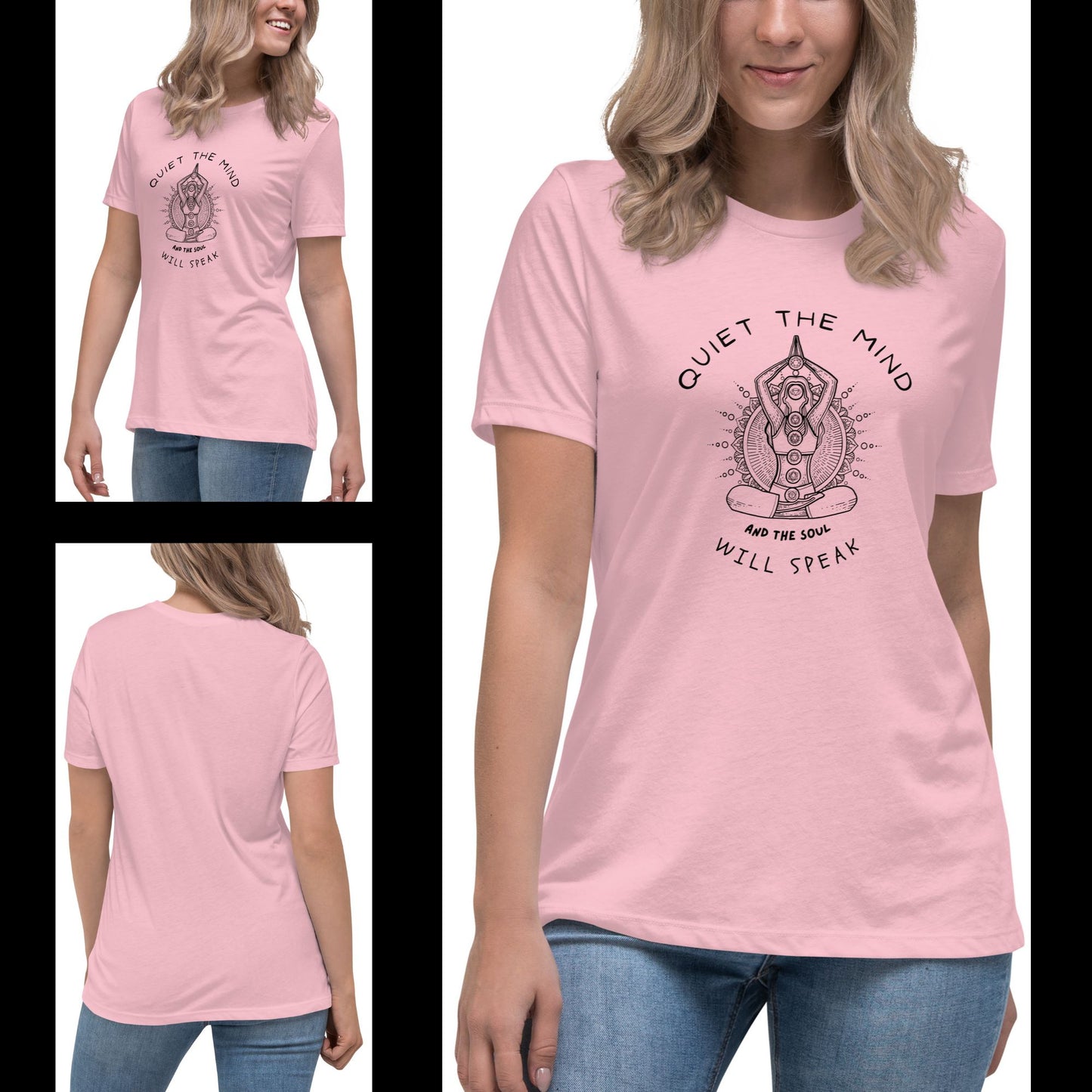 cassandra-posing-in-a-pink-t-shirt-with-a-yoga-inspired-design-featuring-a-meditating-figure-with-chakras