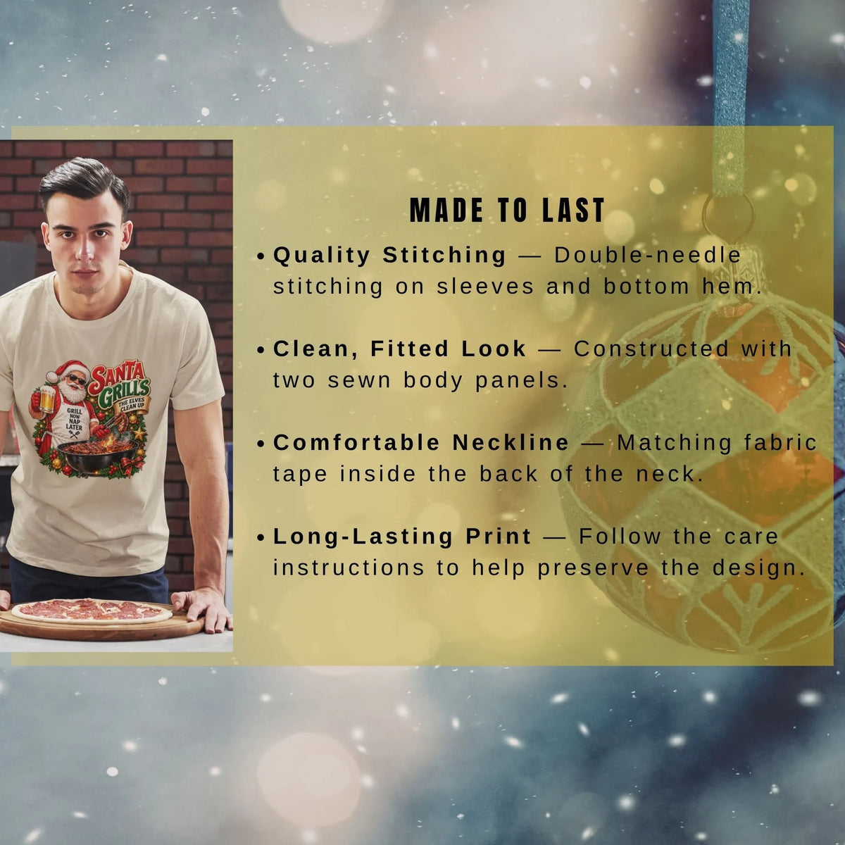 Man wearing a cream Retro Christmas shirt beside text describing double-needle stitching, two sewn body panels, neck tape, and care guidance to preserve the print.