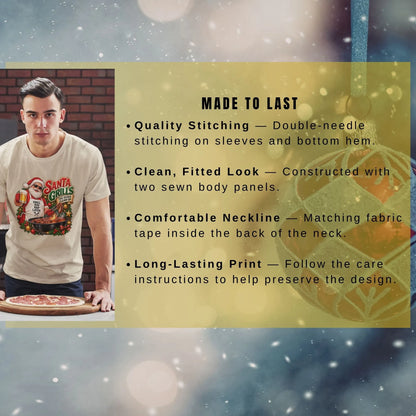 Man wearing a cream Retro Christmas shirt beside text describing double-needle stitching, two sewn body panels, neck tape, and care guidance to preserve the print.