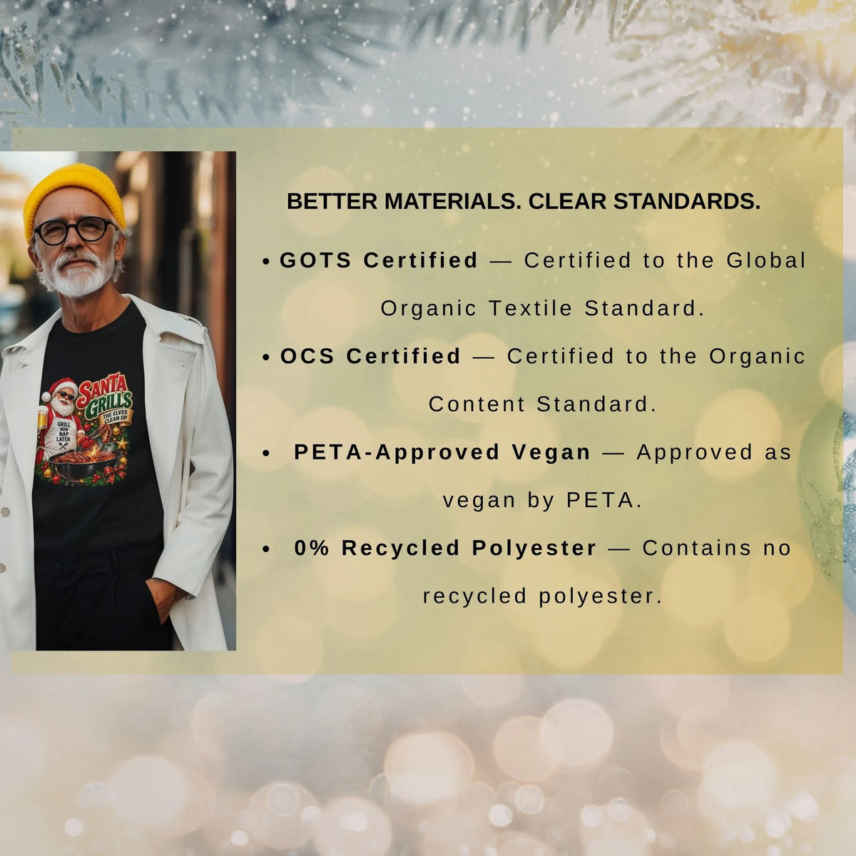 Old man wearing a black t-shirt beside text listing GOTS and OCS certifications, PETA-Approved Vegan status, and 0% recycled polyester.