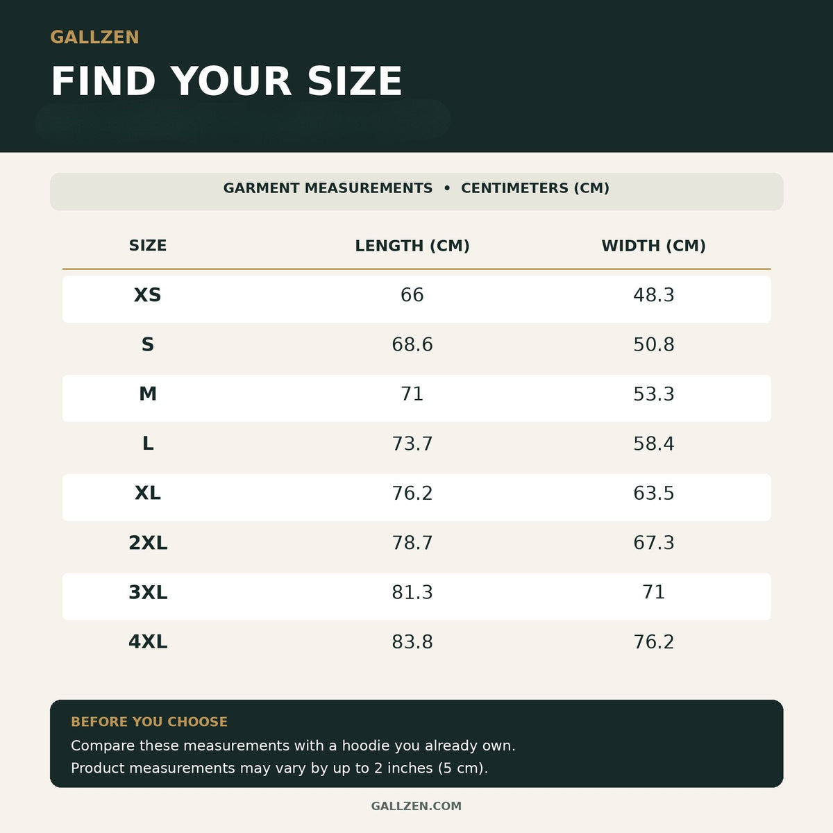 GallZen hoodie size chart showing length and width in centimeters for XS–4XL, with a measurement tolerance of 5 cm.