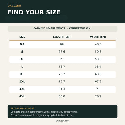 GallZen hoodie size chart showing length and width in centimeters for XS–4XL, with a measurement tolerance of 5 cm.