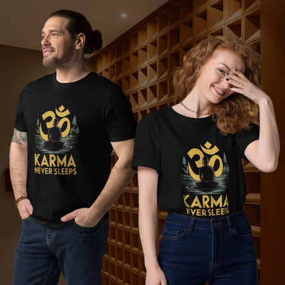 Man and woman posing side-by-side indoors against a textured wall while wearing the black karma never sleeps t-shirt