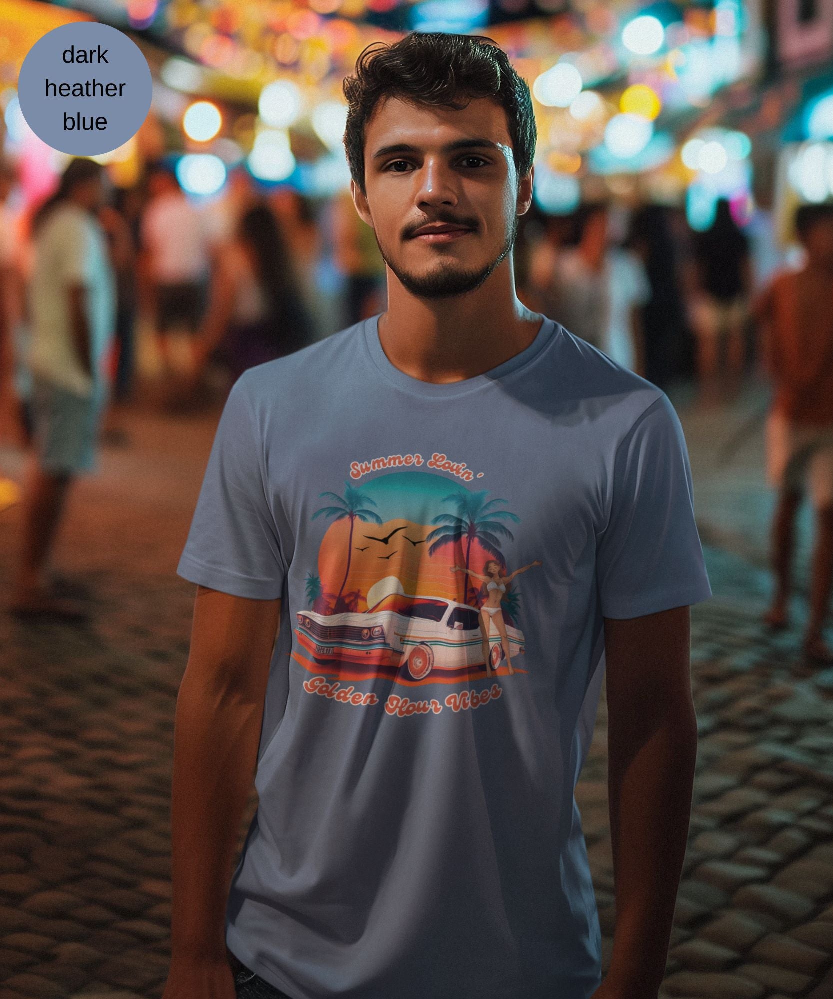 dark-heather-blue-t-shirt-mockup-of-a-young-man-posing-on-a-summer-evening-in-the-old-town-at-the-summer-festival