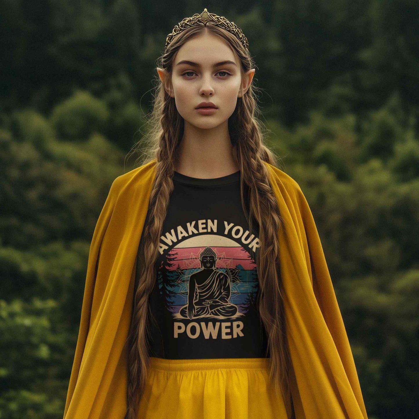 Person wearing a black t-shirt with 'Awaken Your Power' and a yellow cloak in a forest setting