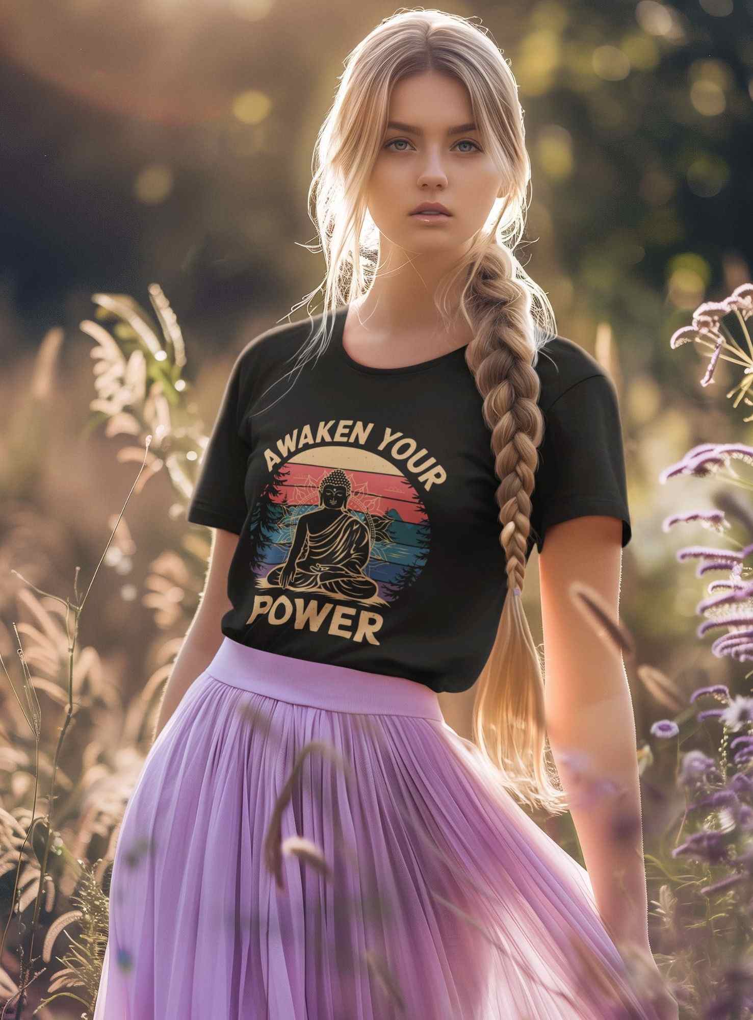 Woman wearing a black t-shirt with a Buddha graphic and text, standing in a field of flowers.