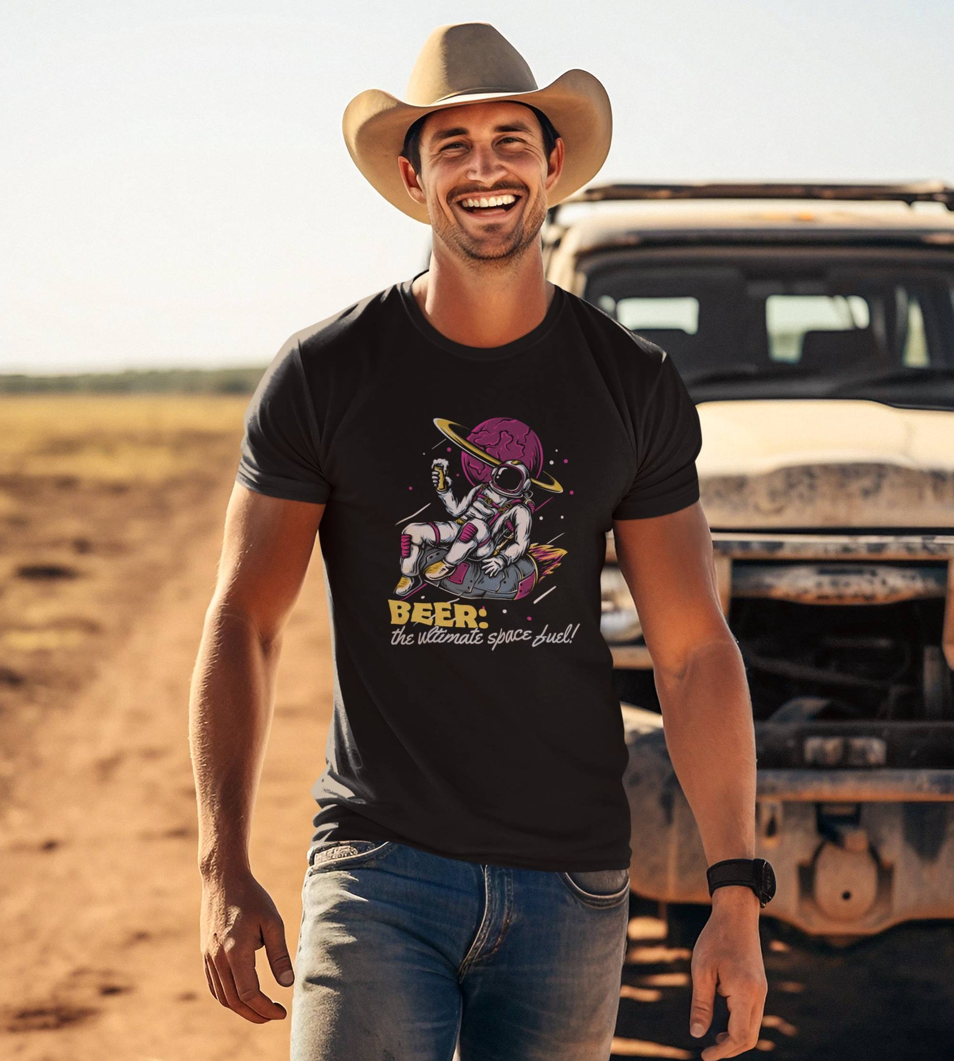 farmer-with-his-truck-in-the-background-on-summer-time-wearing-a-comfortable-black-t-shirt-printed-with-a-funny-design-about-beer-and-astronauts