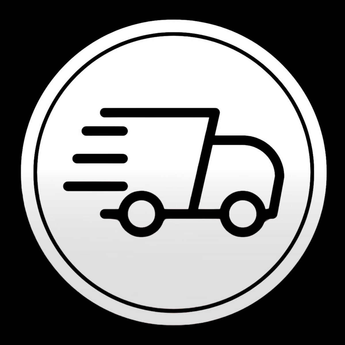 A black and white circular icon featuring a delivery truck with motion lines, set against a solid black background.