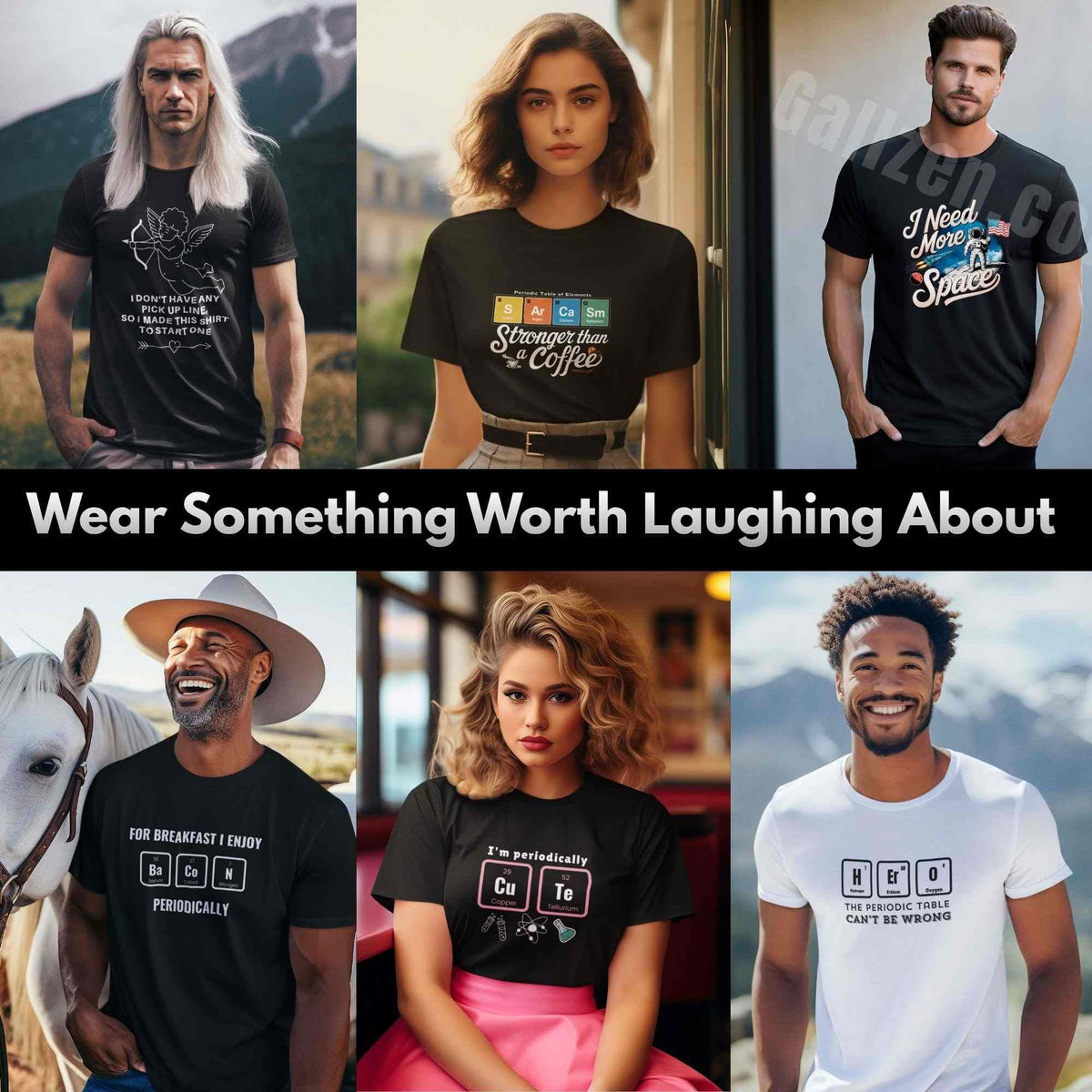 Collage of men and women wearing GallZen funny graphic tees with clever quote designs, including science jokes, coffee humor, and witty slogan shirts