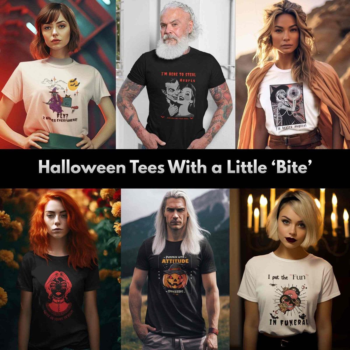 Six models wearing funny Halloween graphic tees with witch, vampire, cat, pumpkin, skull and dark humor designs.