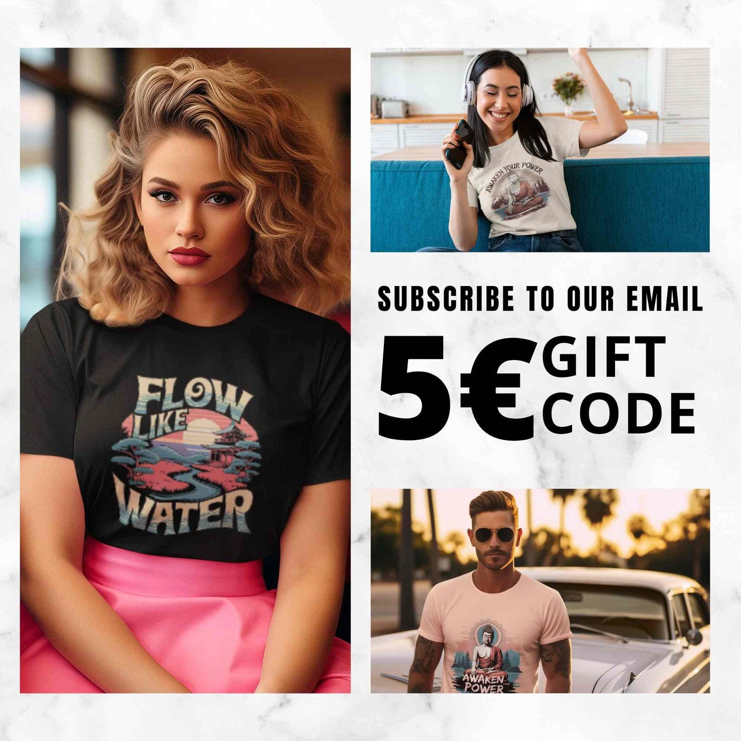 Promotional collage with people wearing t-shirts and a call to action for email subscription with a gift code.
