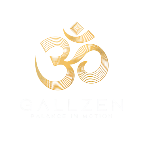 The official GallZen logo, featuring a minimalist gold Om symbol above the text 'GALLZEN' and the tagline 'BALANCE IN MOTION.'
