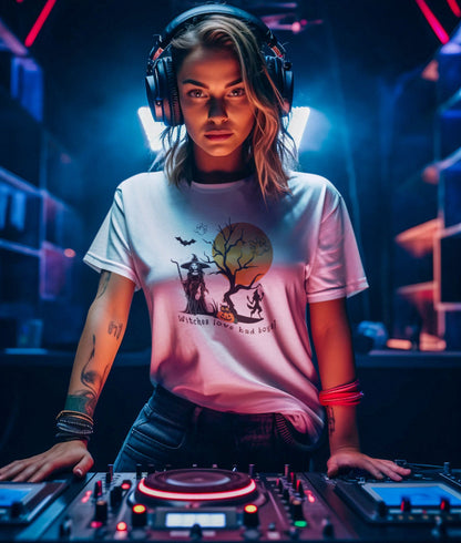 gorgeous-woman-DJ-wearing-to-a-spooky-party-wearing-a-white-tee-themed-with-witch-and-pumpkin-print