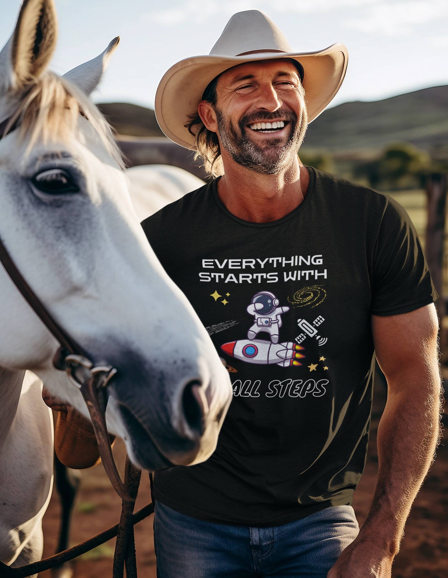 happy-bearded-cowboy-standing-next-to-his-white-horse-wearing-a-best-motivational-t-shirt-black-in-color