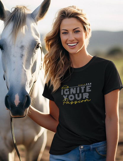 ignite-your-passion-black-t-shirt-mockup-of-smiling-woman-posing-with-her-white-horse