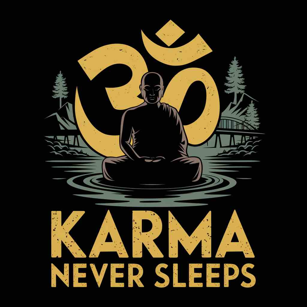 A graphic design featuring a meditating figure seated in front of a large golden Om symbol with trees and water with the text 'KARMA NEVER SLEEPS' below.