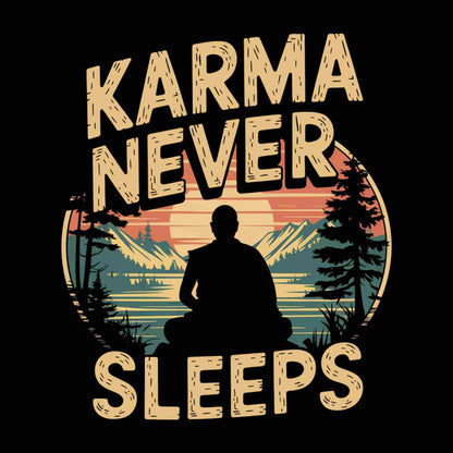 A graphic design featuring the text 'KARMA NEVER SLEEPS' in a distressed cream font, surrounding a circular retro-style illustration of a meditating silhouette in front of a sunset over mountains and trees.