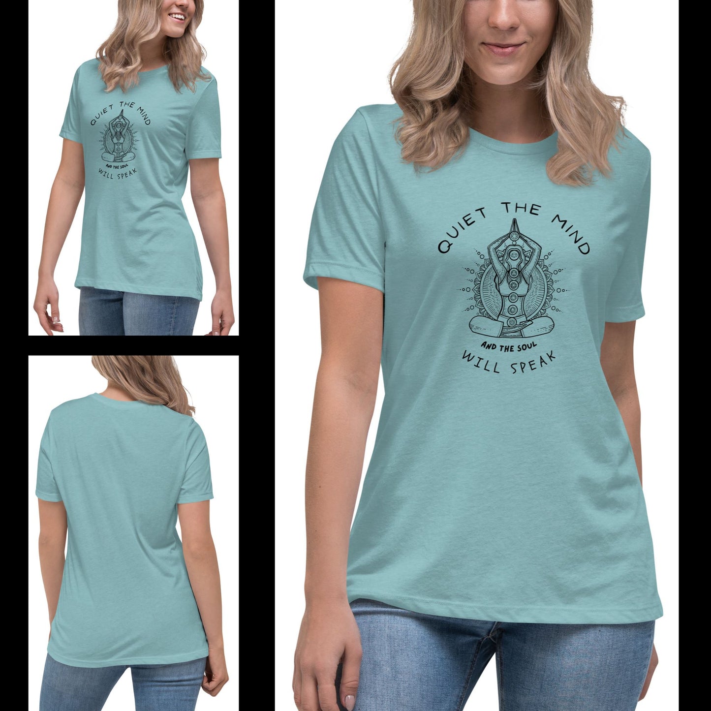 lady-giulia-wearing-a-relaxed-fit-blue-lagoon-shirt-color-with-a-graphic-of-a-sitting-meditative-figure-and-quote-about-mindfulness