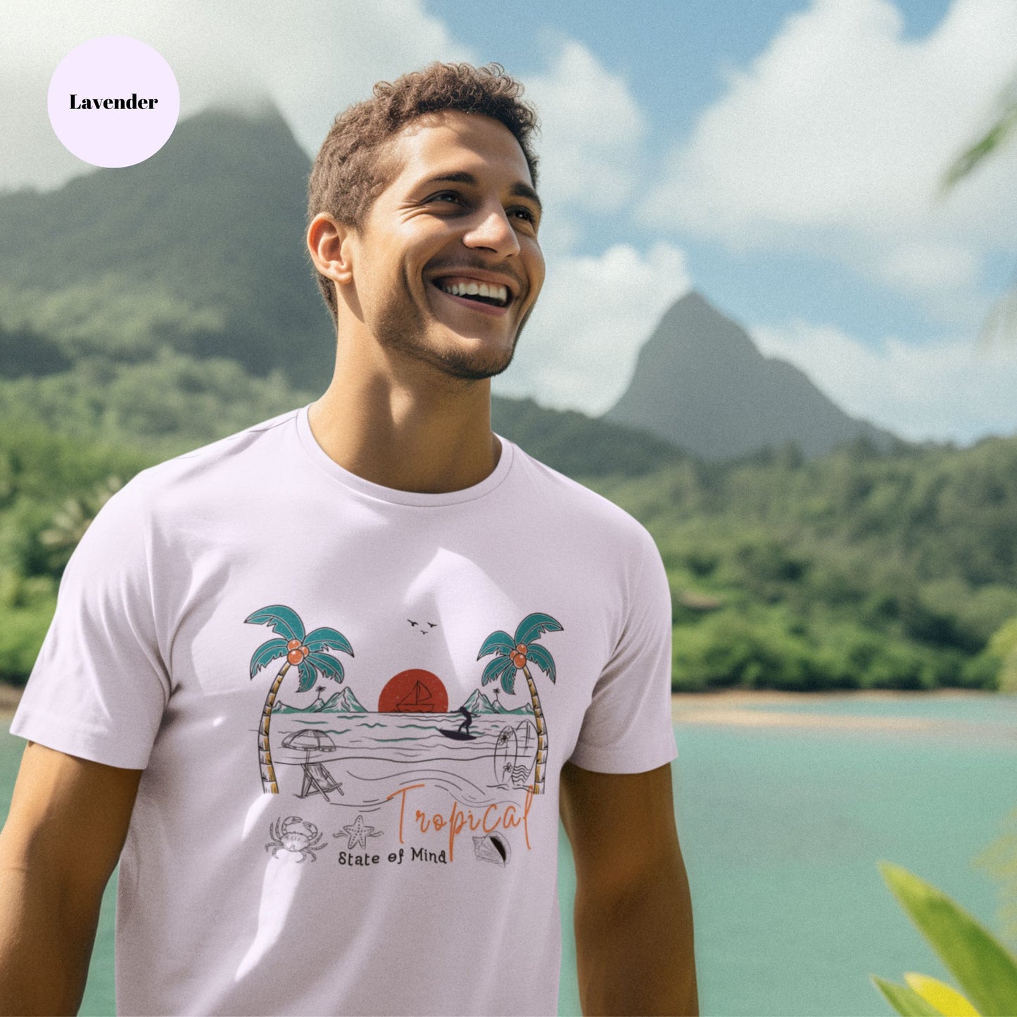 lavender-mockup-tee-with-an-American-tourist-posing-on-an-island-in-the-Hawaiian-region