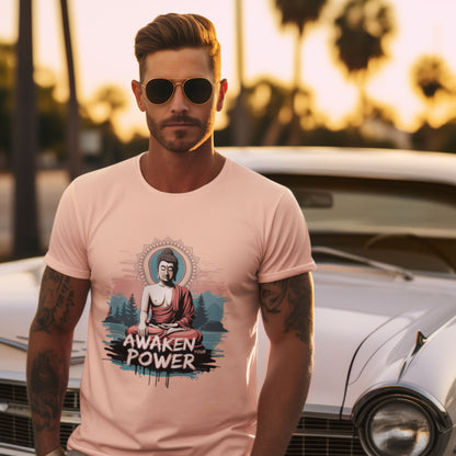 Man wearing a t-shirt with a Buddha graphic and 'Awaken Power' text, standing in front of a car.