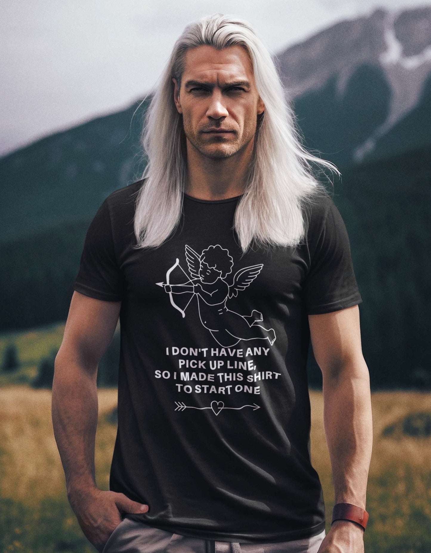 man-inspired-by-the-witcher-posing-in-nature-wearing-a-black-t-shirt-printed-with-cute-flirty-pick-up-lines-design