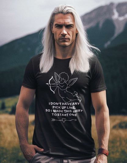 man-inspired-by-the-witcher-posing-in-nature-wearing-a-black-t-shirt-printed-with-cute-flirty-pick-up-lines-design