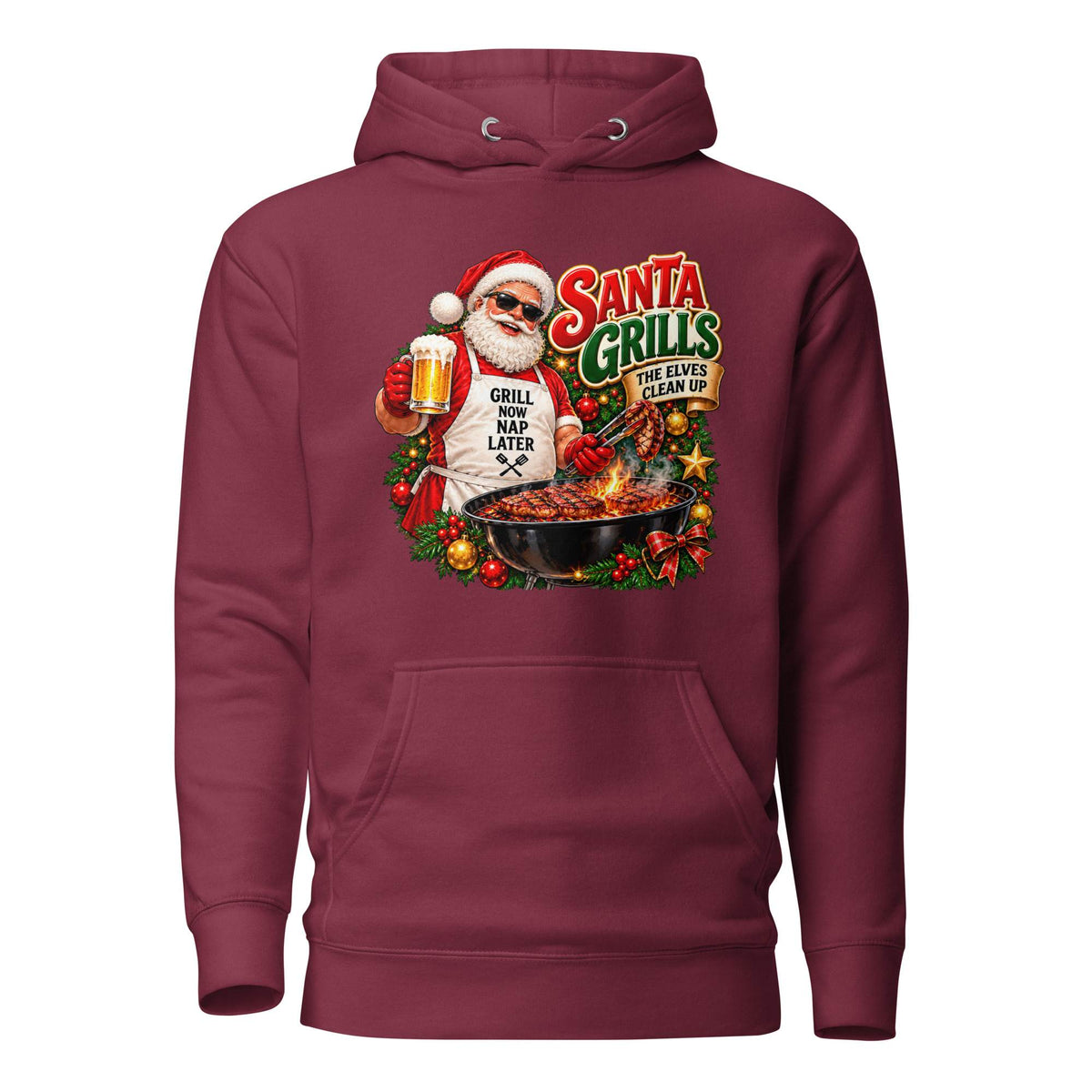 Front view of a maroon pullover hoodie with a pouch pocket and Santa barbecue graphic reading “Santa Grills, the Elves Clean Up.”